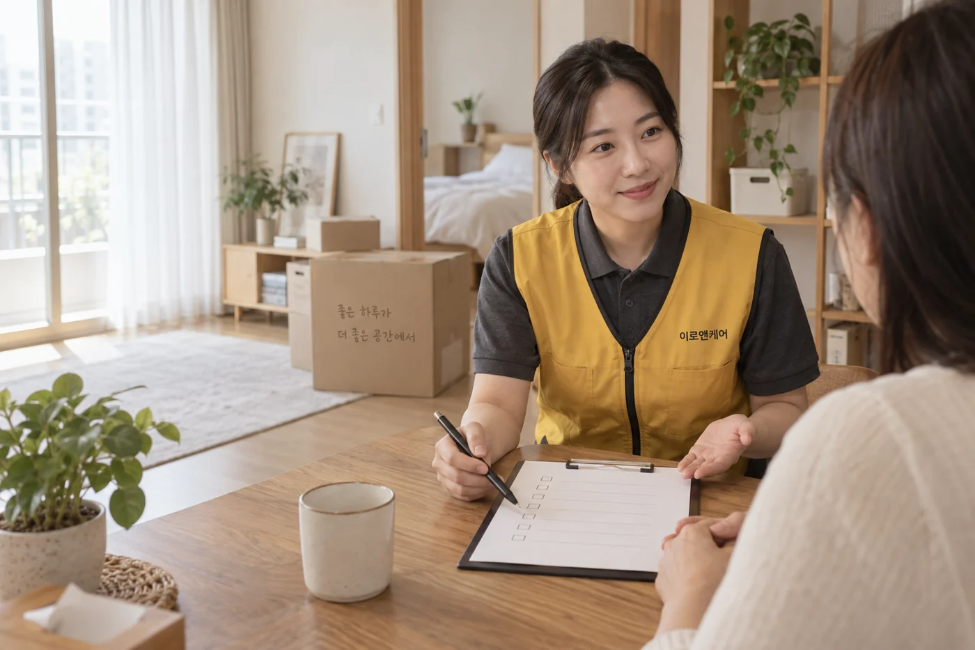 노란 이로앤케어 작업조끼를 입은 상담 담당자의 서비스 소개 이미지